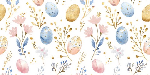 watercolor easter eggs and gold glitter wild flowers on a white background soft pastel colors in a minimalist style Generative AI