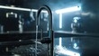 Generative AI Hi-tech pull-down kitchen faucet, integrated touchscreen, water stream visualization, futuristic atmospheric background