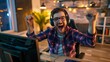 technology, gaming, entertainment, let's play and people concept - happy young man in headset and