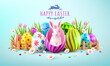 Easter poster and banner template with a white rabbit inside a pink egg , Colorful Eggs , tulips and Spring Flowers on Blue Background for Easter Day.Promotion and shopping template for Easter