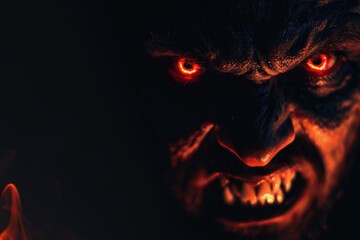 Wall Mural - portrait of an angry demonic devil with red glowing eyes and open mouth on black background