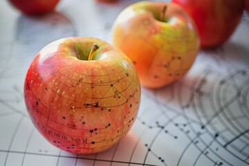 Wall Mural - A close-up photo of astrological charts with apples on top of a white background