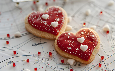 Wall Mural - A closeup of heart-shaped cookies with red icing, placed on top of an astrology chart accurately showing the sun's position in celestial events like solstices and the 