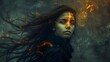 Indian Woman in Digital Art Portrait Radiating Luminous Skin and Glowing Eyes amid Swirling Misty Particles