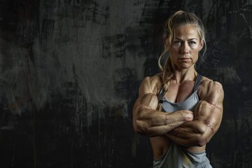 Wall Mural - photorealistic studio portrait of a muscular woman bodybuilder on black background