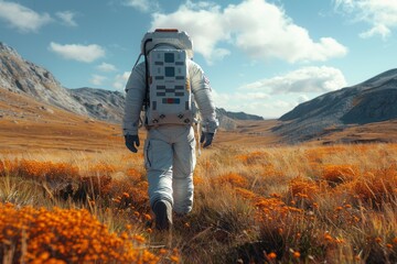 an astronaut in a spacesuit is walking through a field of orange flowers, evoking exploration and su
