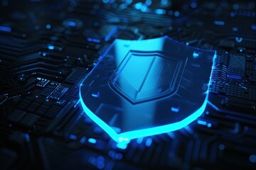 Poster - A blue shield symbol glowing on a dark technology background