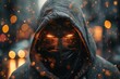 A digital mask with a bright menacing look covers the face of a hooded figure amidst snowflakes