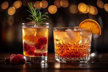 Close-up of two textured glasses with iced cocktails and fruit garnishes, representing celebration and social gatherings