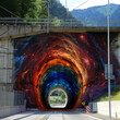 Colorful tunnel mural on a sunny day with green hills.