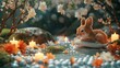 A soothing image capturing the essence of relaxation through a massage, set against a backdrop of woodland creatures and pearls intertwined with the design, 3D render