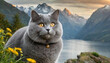 Gray fat cat at calm lake in mountains valley