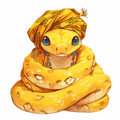 Poster - A yellow snake is wrapped in a turban and is wearing a necklace. The snake is smiling and he is happy