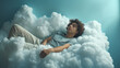Invite viewers to drift away into a world of imagination and possibility with an image of a person lying on a fluffy cloud-shaped cushion, lost in thought and daydreams.