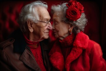 An elderly woman presents a striking profile with her vibrant red hat and outfit, exuding a classic, timeless charm