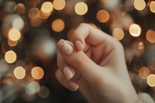 Elegant female hand displaying a flawless manicure with a neutral polish, set against a softly lit, bokeh background for a touch of glamour - AI generated
