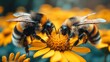  Two bees on a yellow flower amidst yellow and blue blurs