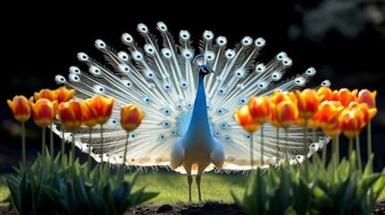  A peacock stands in the grass amidst tulips, with a backdrop of orange and yellow tulips