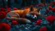  A close-up of a fox resting in a flower field, its head on a rock, eyes closed