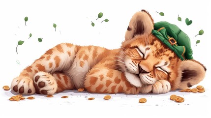  A brown cat, with a white patch on its chest, rests atop a green-colored hat and a pile of shiny coins