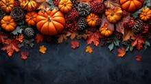  Pumpkins, Pine Cones & Leaves On Dark Bg, Featuring Pinecones And Acorns