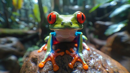 a frog with glowing red eyes perched atop a rock, surrounded by verdant foliage and a serene pond