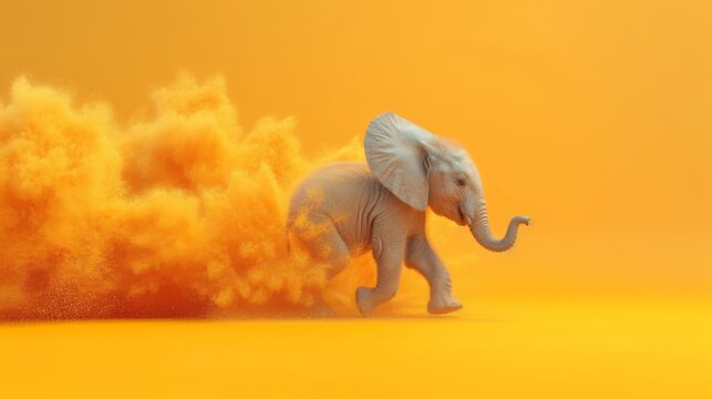a white elephant stands next to yellow dust piles on a yellow wall, in a yellow room