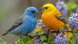  A pair of birds perched on a tree limb amidst vibrant purple and yellow blossoms