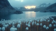  Cotton Field In Front Of Lake, Mountains Behind, Sun Peeking Through Clouds