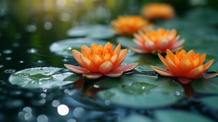  A cluster of water lilies bobbing atop a verdant, water-specked pond