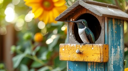 Sticker -  A bluebird perched on a rooftop beside two yellow and white birdhouses, with a sunflower in the foreground