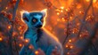  A close-up of a lemur on a tree, with lights in the background and flowers in the foreground, beautifully captures its grace and beauty