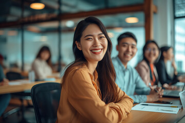 vibrant office setting, confident young Asian businesswoman, successful team, professionalism and positivity. collaborate, reflecting a culture of teamwork and innovation in the modern workplace