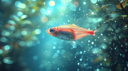  A close-up photo of a goldfish swimming in a clear glass fish tank filled with shimmering water, with air bubbles and reflections on the surface