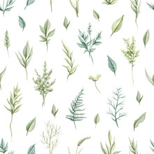 Seamless Pattern With Vintage Various Green Twigs And Leaves Vegetation  Set Isolated On White Background. Watercolor Hand Drawn Illustration Sketch