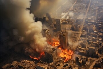 War torn city buildings burning from missile attack