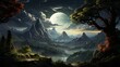 landscape of the valley in the golden rays of sunset.
Concept: nature and meditation, travel and adventure. artistic fantasy video games. travel agencies and eco