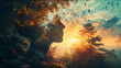 Depict the concept of inner peace and mental tranquility by creating an image of a human head outline filled with a serene landscape background, offering a sense of calm and introspection.
