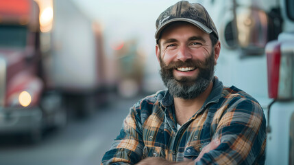 Wall Mural -  young male truck driver standing confidently in front of his truck, arms crossed and wearing a hat, symbolizing the resilience of the transportation industry