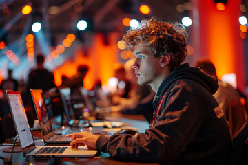 Male developer coding on his laptop in a hackathon.  Coding competition. Generative Ai