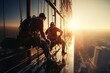 Brave industrial alpinists hanging from harnesses to clean windows on a skyscraper