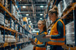 Two women in orange vests are standing in a warehouse, looking at papers. Scene is serious and focused, as the women are likely discussing important information related to their work
