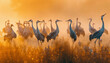 Birds in the grass. Close-up of a flock of cranes in a mating dance in a swampy meadow at morning in thick fog.