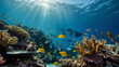 An underwater scene with colorful coral reefs and diverse marine life, highlighting the beauty and fragility of ocean ecosystems.