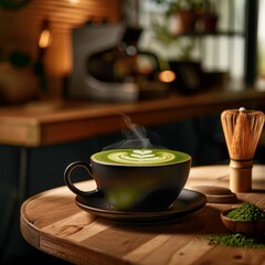 Steaming matcha latte with a heart-shaped design on top, in a cozy café setting with a matcha whisk. Warm and inviting matcha latte in a rustic café ambiance.