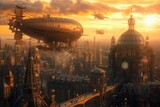 Fototapeta Big Ben - Fantasy steampunk airships float amongst clouds against a dramatic sunset backdrop, evoking adventure and exploration. Resplendent.