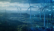 wind turbines,Clean energy sustainable future,digital circuitry patterns symbolizing innovation, reducing carbon emissions greener planet, blue tone, innovation,progress, renewable energy technology