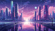 A futuristic cityscape at dusk with neon lights ref