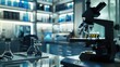 Precision of Modern Science, clinical precision of a modern laboratory is captured in this shot, with a microscope in focus, symbolizing the cutting-edge of scientific research and discovery