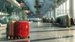 Traveler's Luggage at Airport, Two suitcases, one red and one brown, stand abandoned on the gleaming floor of an empty airport terminal, bathed in the soft light of dawn or dusk